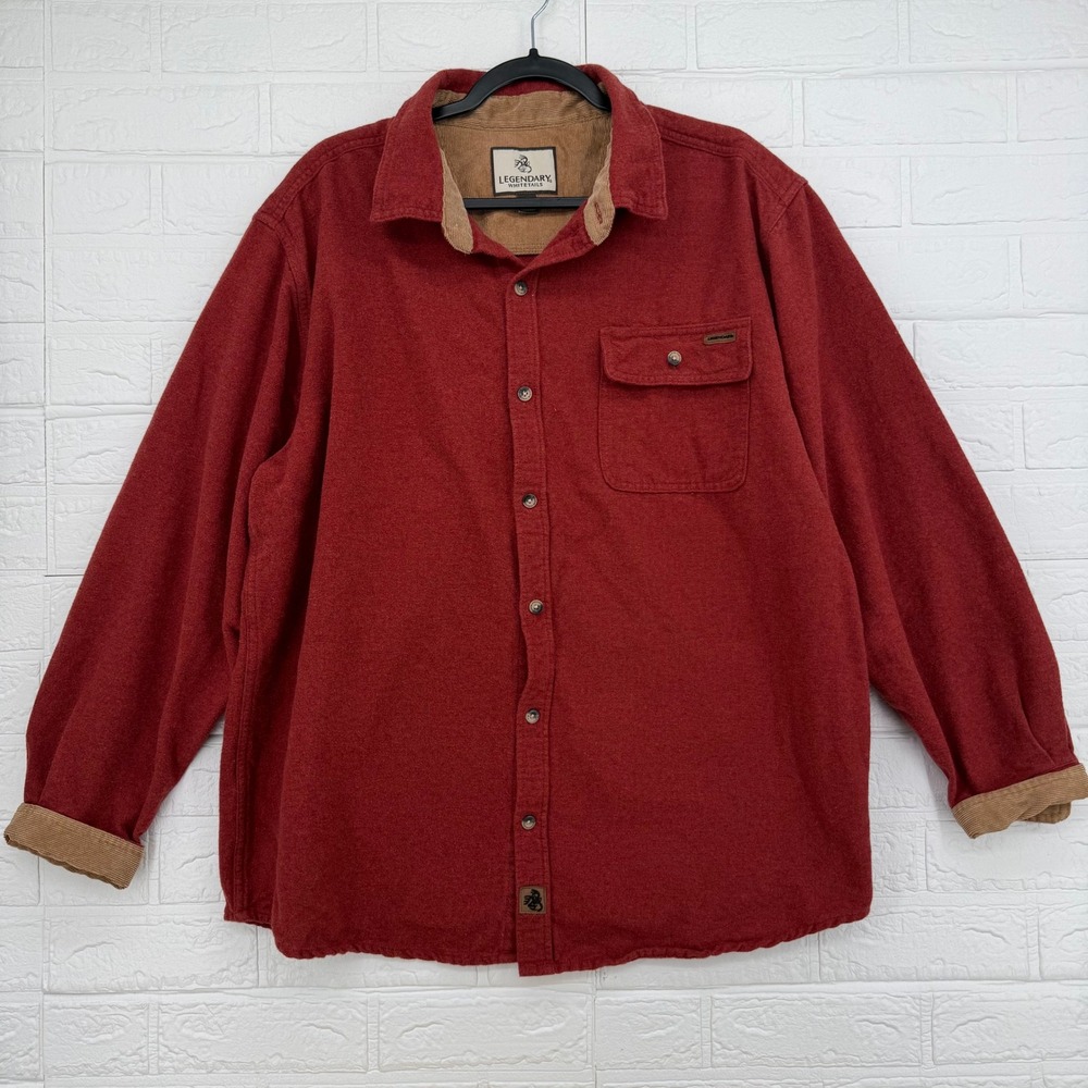 Legendary Whitetails Flannel Shirt Mens XL Red Corduroy Trim Button Down Rugged